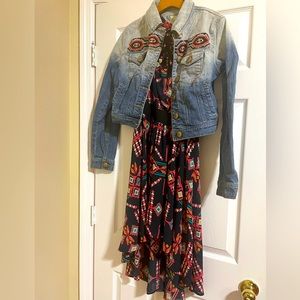 DILLARDS Preowned 2 piece set Dress & Denim Jacket Navy blue & Coral multicolor